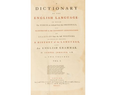 Johnson (Samuel) A Dictionary of the English Language, 2 vol., first edition, titles in red and black, some worming towards e