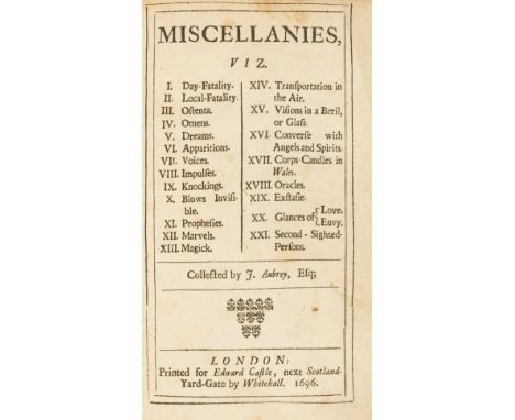 Aubrey (John) Miscellanies..., first edition, lacking initial blank, with a few woodcut illustrations, browned and a little s