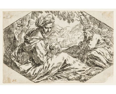 Cantarini (Simone, 1612-1648) The rest on the flight into Egypt in a hexagonal frame; The rest on the flight into Egypt; The 