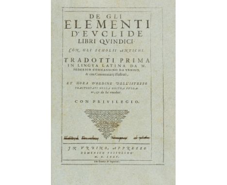 Blue paper copy.- Euclid. De gli elementi di Euclide libri quindici, collation: *2, **4, ⁂2, A-Z4, AA-ZZ4, AAa-ZZz4, AAAa2 wo