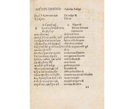 Aesop. Fabulae, edited by Bonus Accursius, collation: α-δ8, ε6, double column, parallel text in Latin and Greek, 36ff (of 38,