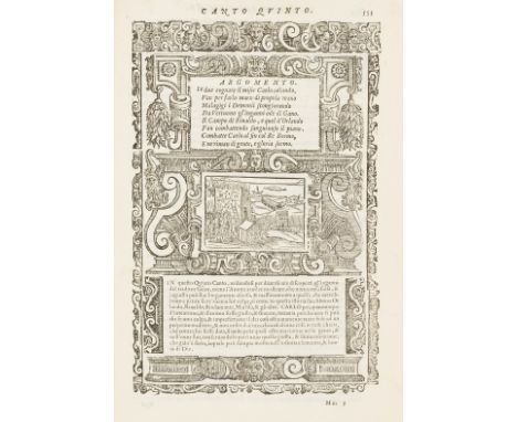 Ariosto (Lodovico) Orlando Furioso, collation: a8, A-Z8, Aa-Ll8, Mm10, 2A-E8, F6, title and printer's device within woodcut a