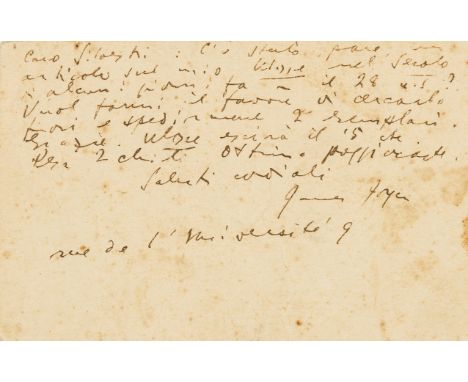 Joyce (James) Autograph Card signed to Tullio Silvestri, in Italian, on verso of Joyce's card-de-visite, light soiling and cr