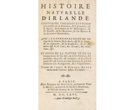 Ireland.- Boate (Gerard) Histoire Naturelle d'Irlande, first French edition, lacks final blank, slightly browned, some spots,