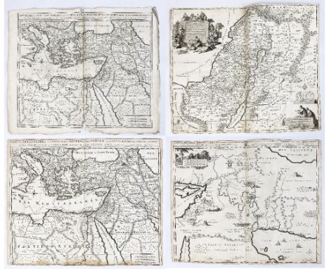 Lot of 4 old cards 1700, mortar.1- "Map of the Holy Land divided according to the twelve tribes of Israel". The map shows the