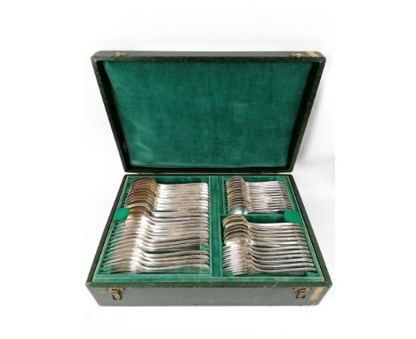 Alfenide,Silver metal housewife, Art Deco model, comprising:- 12 forks- 12 spoons- 6 spoons and 6 dessert forks- 12 small spo