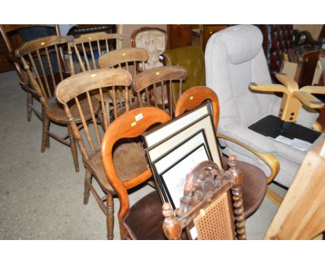 A pair of Victorian mahogany balloon back chairs; three elm seated stick back chairs and a pair of Ibex stick back chairs