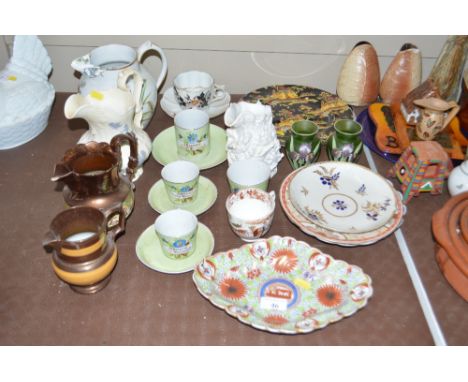 An oriental style shaped dish  AF; and various 19th Century ceramic jugs - some damage; three cups and saucers each entitled 