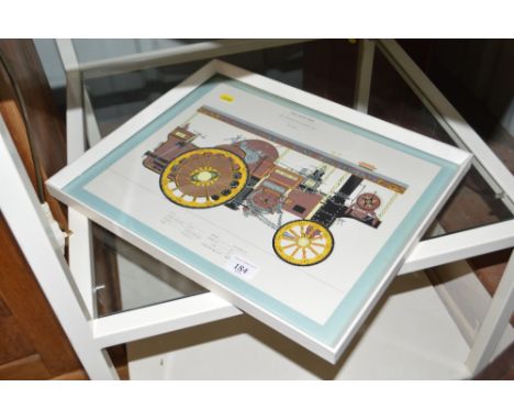A framed and glazed colour print depicting "The Busy Bee Steam Engine"