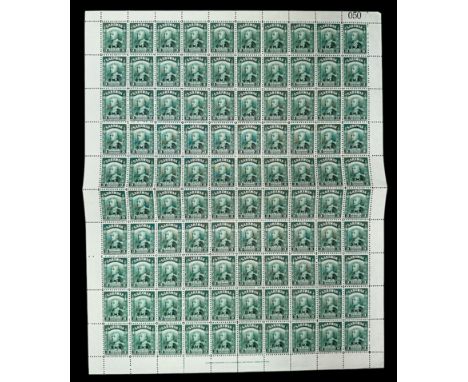 Sarawak, 1945 BMA (British Military Administration) overprint 3c green sheet of 100 UM. (SG 128), Cat. £125. Sheet numbered 0