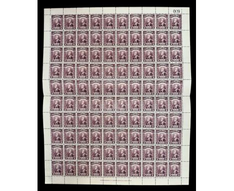 Sarawak, 1945 BMA (British Military Administration) overprint 1c purple sheet of 100 UM. (SG 126), Cat. £125. Sheet numbered 