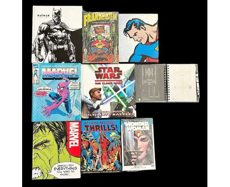 8x Books, plus 1 Star Wars notepad with pen. Books include Collected Works Frankenstein vol 4, Superman: The complete history