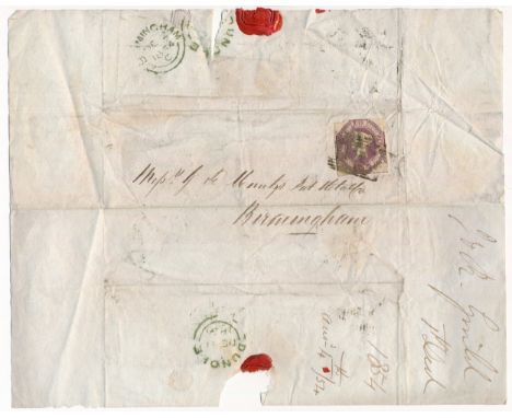 Great Britain, 1854 entire tied with 1847-54 embossed 6d, Dundee to Birmingham with wax seal for J&amp;R Grindel.