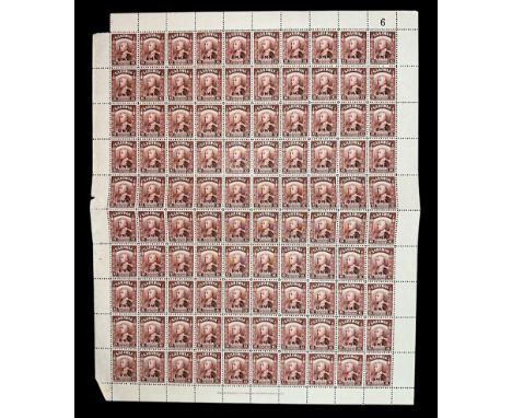 Sarawak, 1945 BMA (British Military Administration) overprint 6c lake-brown sheet of 100 UM. (SG 131), Cat. £500. Sheet numbe