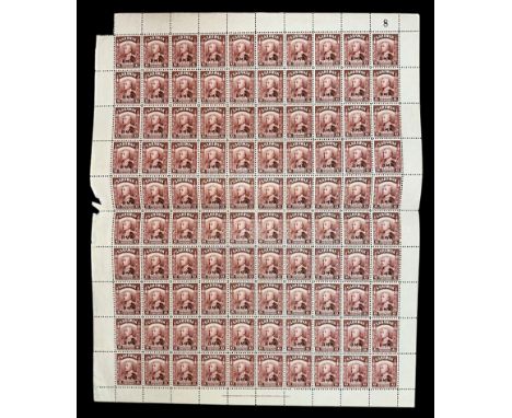 Sarawak, 1945 BMA (British Military Administration) overprint 6c lake-brown sheet of 100 UM. (SG 131), Cat. £500. Sheet numbe