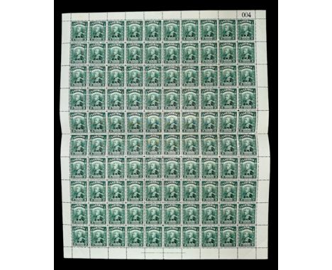 Sarawak, 1945 BMA (British Military Administration) overprint 3c green sheet of 100 UM. (SG 128), Cat. £125. Sheet numbered 0