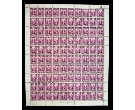 Sarawak, 1945 BMA (British Military Administration) overprint 4c bright purple sheet of 100 UM. (SG 129), Cat. £450. Margin n