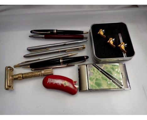 Mixed pens including Parker, cufflinks and a lighter. UK P&amp;P Group 1 (£16+VAT for the first lot and £2+VAT for subsequent