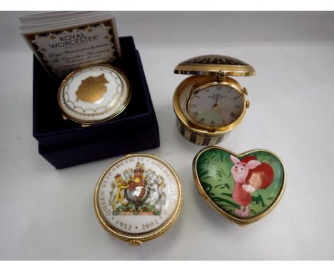 Disney enamel collection Piglet heart shaped lidded box, two Royal Worcester Royal Commemorative enamel lidded boxes and a Ro