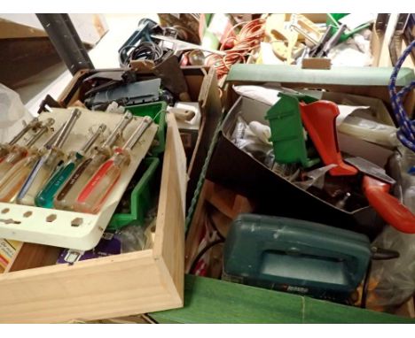 Three boxes of mixed tools and hardware items. Not available for in-house P&amp;P 