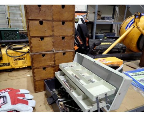 Two 6 drawer cupboards of mixed hardware and a plastic toolbox with contents. Not available for in-house P&amp;P 