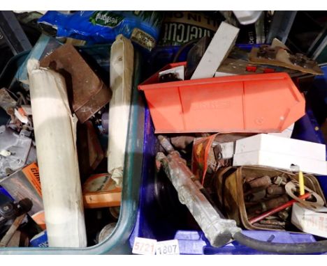Two boxes of mixed tools and motoring items to include air line and carburetor. Not available for in-house P&amp;P 