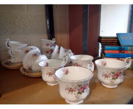Royal Albert tea ware in the Lavender Rose pattern, twelve tea cups and seven saucers, first quality. Not available for in-ho