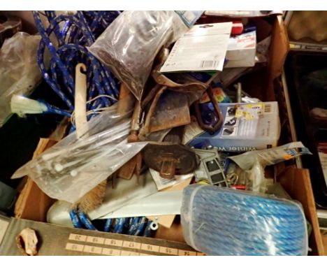 Boxed items of mixed tools and rope. Not available for in-house P&amp;P 