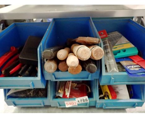 Six blue stacking boxes of tools and mixed hardware. Not available for in-house P&amp;P 