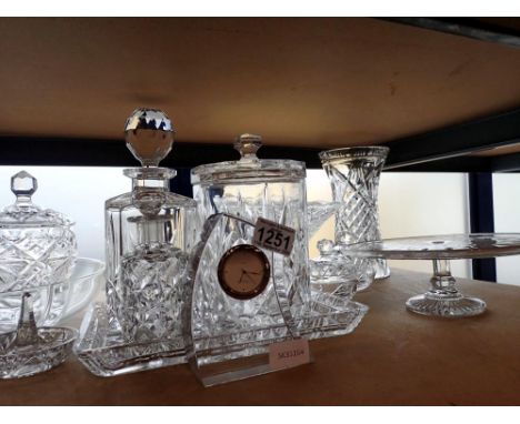 Shelf of cut glass, including a Dartington crystal clock. Not available for in-house P&amp;P