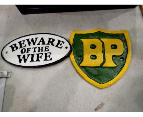 Cast iron Beware of the wife sign, W: 15 cm &amp; Cast iron BP shield. W: 12 cm. UK P&amp;P Group 1 (£16+VAT for the first lo