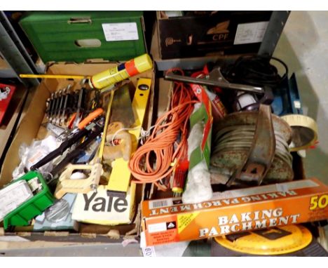 Two boxes of mixed tools and hardware to include extension leads. Not available for in-house P&amp;P 