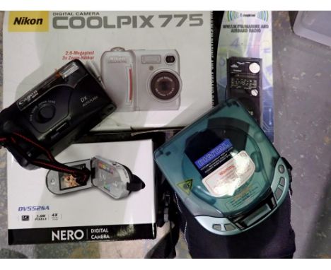 Mixed camera and audio items, including a Nikon Coolpix 775 and an Air band radio. Not available for in-house P&amp;P