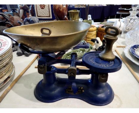 Frederick Hill set of vintage kitchen scales with brass weights. Not available for in-house P&amp;P 