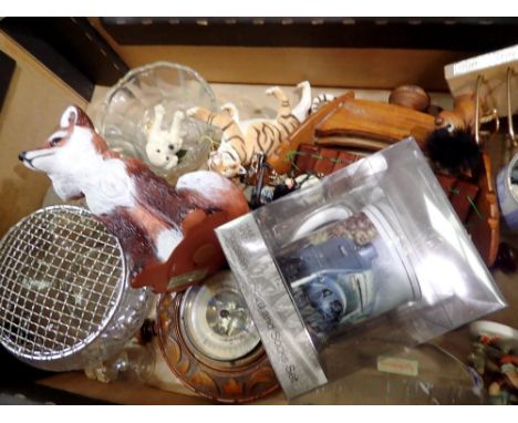 Mixed collection of items to include a carved oak barometer, crystal rose bowl, resin animal figures, mixed metalware items. 