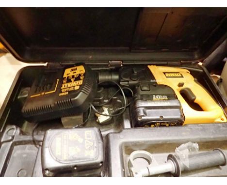 DeWalt 24V battery drill with case, charger and two batteries, untested. All electrical items in this lot have been PAT teste
