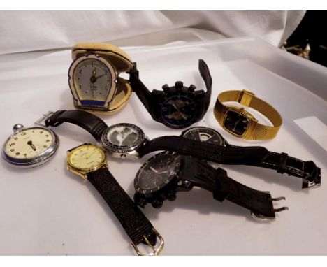 Five gents wristwatches to include Sekonda, Accurist and Citizen with a pocket watch and alarm clock. UK P&amp;P Group 1 (£16