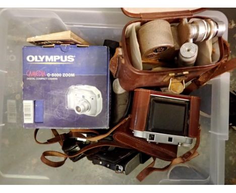Mixed collection of camera equipment, including Olympus C-000, Rank Mamiya and canon. Not available for in-house P&amp;P