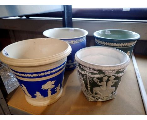 Group of four Jasperware planters, Copeland Spode, Dudsons and Wedgwood, largest H: 18.5cm. Not available for in-house P&amp;