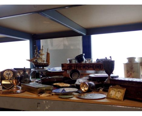 Shelf of mixed collectables, including ceramics, boxes and trophies. Not available for in-house P&amp;P