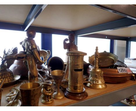Shelf of mixed copper and brass. Not available for in-house P&amp;P 