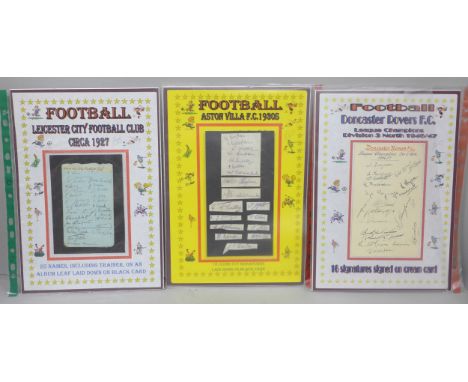 Football; mounted signatures, Aston Villa, 1930s, Leicester City, circa 1927, Doncaster Rovers, 1946/47
