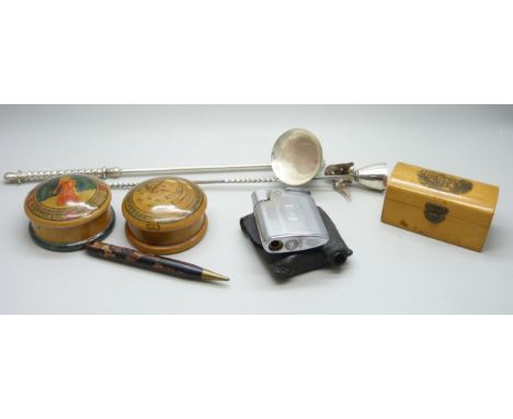 A Ronson lighter, Mauchline ware casket, two round snuff boxes, propelling pencil and two candle snuffers