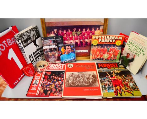Nine Nottingham Forest related books, including Cloughie Walking on Water, Stuart Pearce autobiography, a framed 1977/78 team