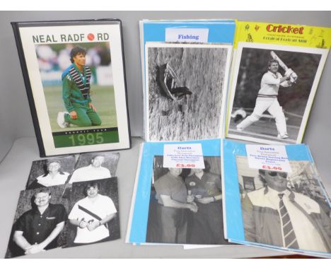 Sport related photographs including press association, cricket, fishing, darts, an album of cricket cuttings, with signatures