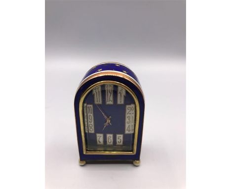 1920s French brass miniature blue enamel clock Measurement 71/2cm High x 5cm Wide 
