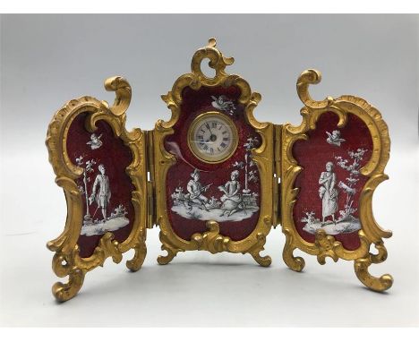Late 19th Century bronze miniature red enamel Vienna desk clock Measurement 8 1/2cm High x 13cm Wide
