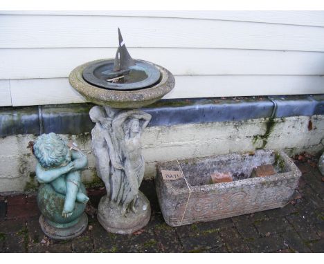 A bird bath sundial, together with plastic cherub and garden trough