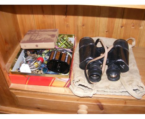 A small quantity of costume jewellery, together with vintage Carl Zeiss Gena Binoculars CONDITION REPORT.