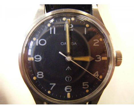 A gents stainless steel British Military Omega RAF Pilot's wrist watch - the rear engraved with arrow and numbers CONDITION R